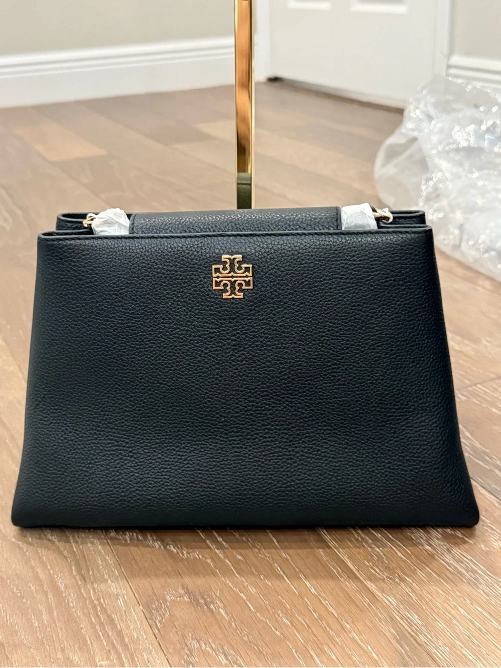 Tory Burch Black Pebbled Leather Top-Handle Satchel with Gold Logo crossbody